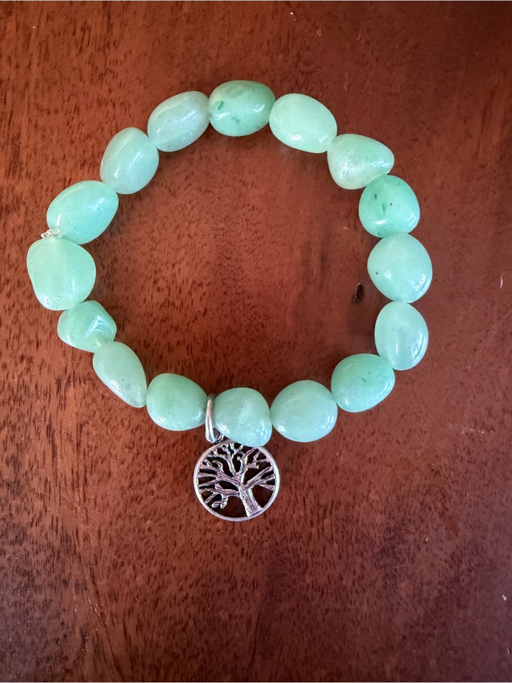 Icy Green Jadeite Gemstone Bead Bracelet with Tree of Life Charm